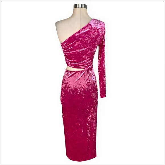 Saylor Niamh Pink Stretch Velvet Asymmetrical Side Cut Out Midi Dress NWT New XS - Picture 8 of 9